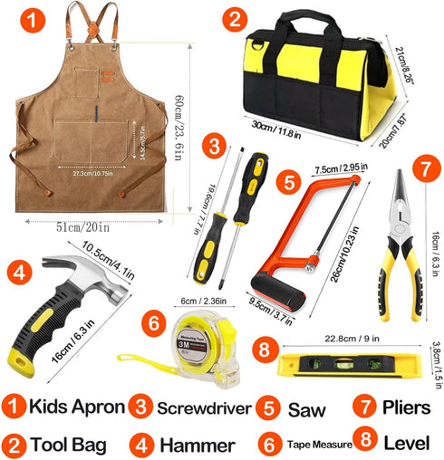 QeeHeng Set, Set, 38 Kids Real Tools Woodworking Tool Pieces with Tool Bag, Wood Workers Apron, Hand Saw,Children