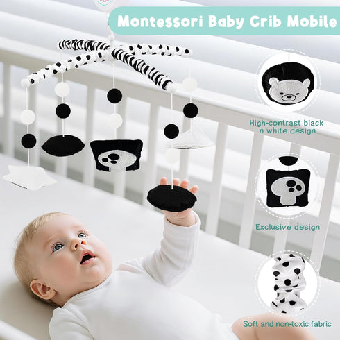 3-Mode Montessori Baby Crib Mobile High Contrast Mobile for Crib, Black and White Nursery Mobile with Upgraded Music