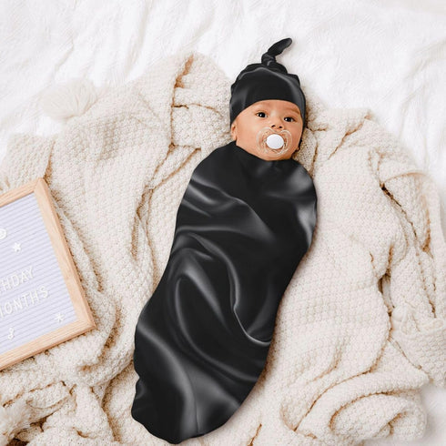 DDTKLSNV Set,Black Newborn Swaddle Blanket with Beanie Hat Silk Wrinkle Newborn Receiving Blankets Baby Swaddle Wrap