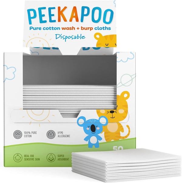 Peekapoo - Disposable Cotton Wash Cloths (50 Pack), Biodegradable, Soft, Thick, Baby