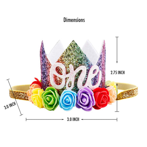 Baby Girl Glitter 1 2 3 First Birthday Rainbow Flower Crown Hat Floral Tiara Headband