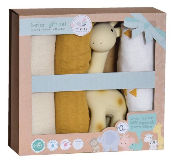 Giraffe Gift Set - Three Muslin Squares with Giraffe Rubber Teether