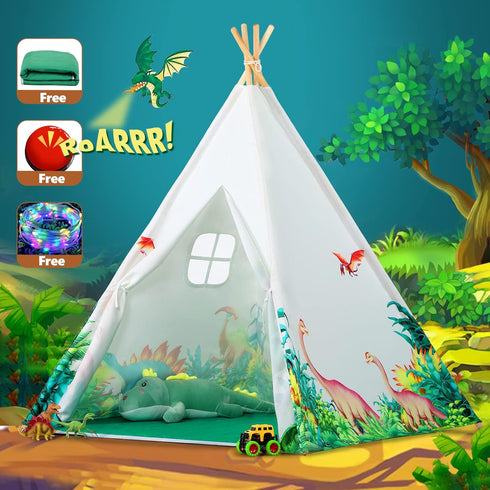 Dinosaurs Teepee Tent for Kids, Play Tent with Roar Button, Lights, and Mat for Indoor Outdoor Games