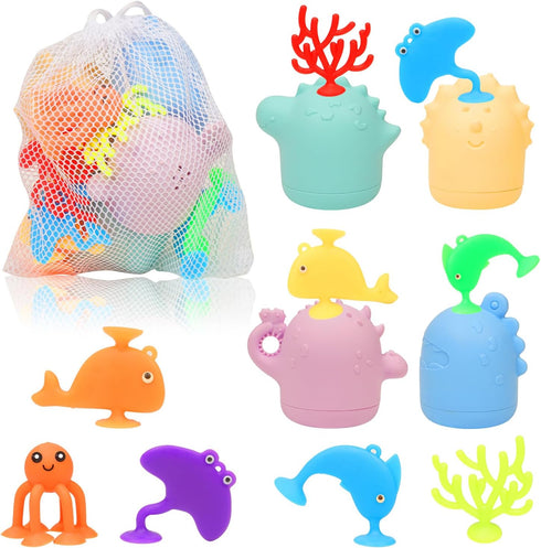 13 Pcs Baby Bath Toys, Silicone Mold Free Squeezable Dinosaurs with Storage Bag, No Hole Sensory Ocean Animal Suction