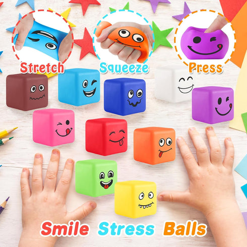 24 Pack, Stress Balls Fidget Toys for Kids: Mini Smile Face Stress Ball Stretchy Toys for Anxiety Stress Relief, Square