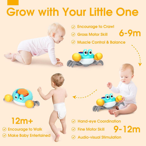 Tummy 6-12 1 12-18 Musical Crawling Crab Baby Toy - Time Toys for Months Boy Girl, Light-up Walking Crab Toys for Year