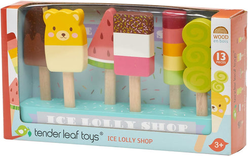 13 6 3+ Tender Leaf Toys - Ice Lolly Shop - Pieces Pretend Food Play Toy with Wooden Popsicles Ice Cream Bars