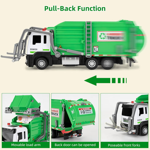 LOVEPOSELY 3-6 Kids Garbage Recycling Truck Toy, Green Pull-Back Truck Model with Sound & Light, Waste Sorting Learning