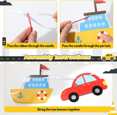 Faisichocalato Transportation Happy Birthday Banner, Car Bus Train Plane Photo Props Garland for Kids Party