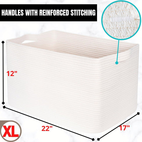 MINTWOOD Design 22in Extra Large Blanket Basket Holder, Rectangle Rope Woven Storage Baskets with Handles, Creamy White