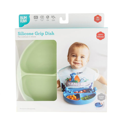 Bumkins Toddler Suction Plate - Divided Grip Dish for Baby Led Weaning, Platinum Silicone