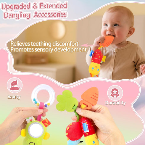0-6 Car Seat Toys for Babies Months, Upgraded Spiral Hanging Crib Stroller Activity Toys with Detachable Rattles, Baby