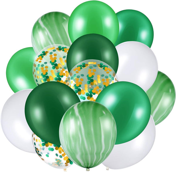 60 Pieces 12 Inch Green and White Balloons, Green Marble Confetti for Summer Party Decoration