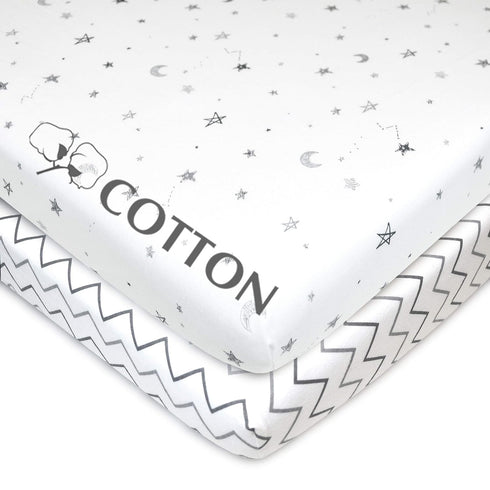 American Baby Company 2 Pack 100% Natural Cotton Fitted Pack and Play Sheets, Grey Stars
