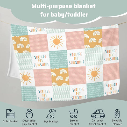 Boho Rainbow You Are My Sunshine Baby Blanket - Pink Sun Polka Dots Flannel Fleece, 30 x 40 for Girls Gift