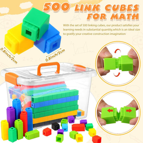 Jenaai 500 Pcs Math Learning Linking Cube, Colorful Counting Blocks with Storage Container for Educational Use