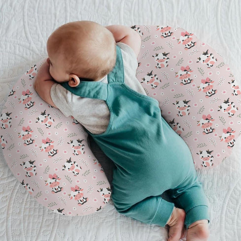 Cute Cow Pink Bows Baby Nursing Pillow Covers for Boy Girl Cartoon Cows with Flowers Leaves Nursing Pillowcase