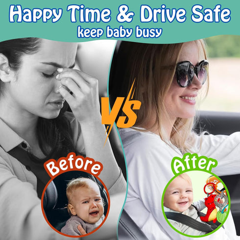 Innofans Baby Car Seat Dinosaurs Toys - Kick and Play Double Sided Infant Car Seat Toys with Plush Toys, Mirror