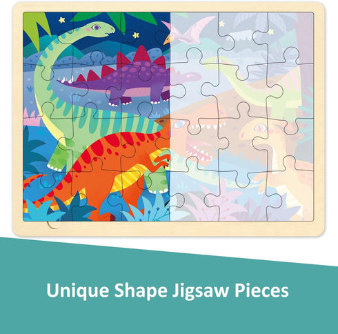 24 Piece Puzzle for 3 Year Old, Dinosaur Wooden Jigsaw Puzzles for Kids Ages 3-5 with Picture Underneath, Preschool Toddler Puzzles Ages 2-4 with Storage Tray