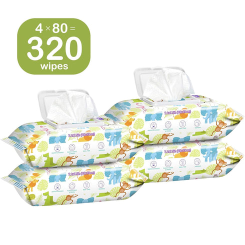 4 packs (320 HAPPY BUM Sensitive Water Baby Diaper Wipes, Baby Wipes, Unscented, Flip-top Wipes Total)