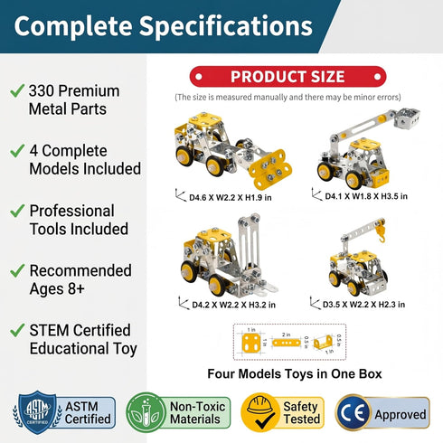 Ferthor Fun Set 8-12,4 Set 8-12 (330pcs) Erector for Boys Age Mini Metal Model for Kids,Engineering Metal Building