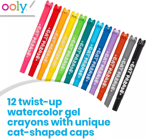 Ooly Cat Parade Gel Crayons for Kids and Adults - Set of 12 Rainbow Color Crayons for Glass and Paper Surfaces with Cat-Shaped, Twist-Up Caps - Easy To Clean, Smooth Gliding Gel Crayon Set by Ooly
