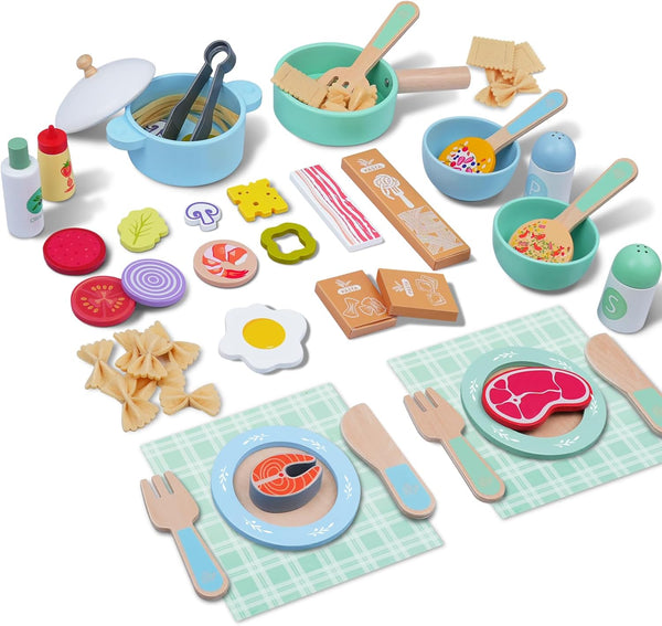 SIMPLIPLAY 63PCS Wooden Play Cooking Set, Play Kitchen Accessories, Montessori Kitchen Set,