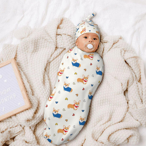 Broiteid Set,Baby Dog Corgi Baby Stuff Newborn Swaddle Blanket with Beanie Hat and Headband Swaddle Blanket Gifts