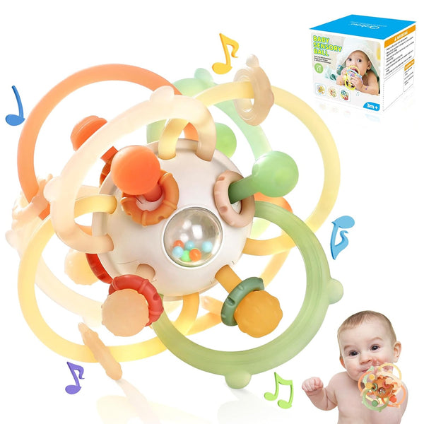 Orzbow Baby Sensory Teething Teether Toys - Infant Montessori Silicone Rattle Balls for 3-6-12-18 Months Sucking Needs,