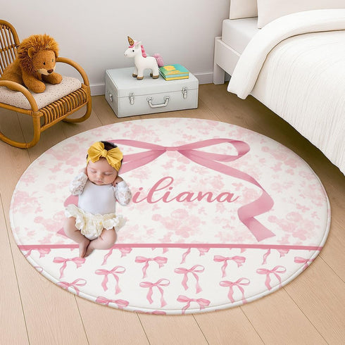Naseagleeye Personalized Baby Rug with Name Custom Pink Bow Round Nursery Rug, Soft Baby Crawling Play Mat for Girls
