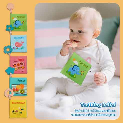 5-Pack 0-3, Soft Cloth Crinkle Books for Babies Washable Non-Toxic Sensory Early Educational Toys, Bath & Learning