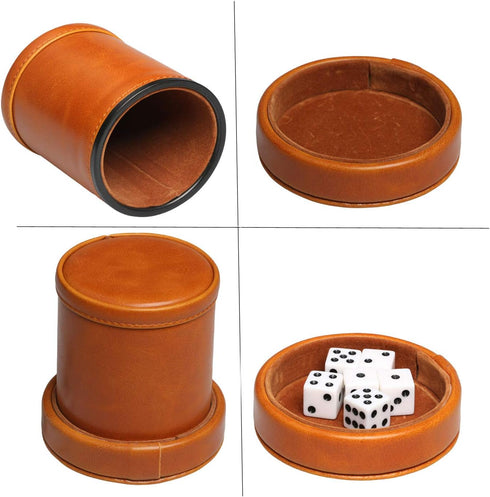 Leatherette Dice Cup with Lid, includes 6 Dices, Velvet Interior for Liars Dice Farkle Yahtzee Games, Brown
