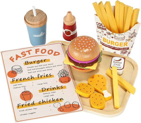 Wooden Play Fast Food Set Play Kitchen Accessories, Pretend Play Food Hamburger