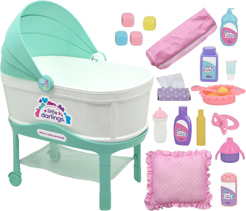 Little Darlings: 12" Bassinet Baby Doll Set - Teal, Pink, Stars - Soft Body Doll with Accessories for Kids Ages 2+