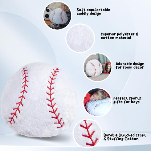 Baseball Pillow Plush for Boys - Soft Stuffed Throw Toy Gifts, Sports Room Decor for Ages 8-12