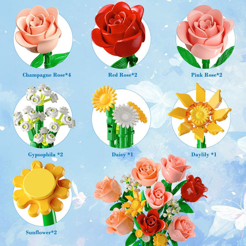 14 Set 747 CUBIMANA Flowers Bouquet Building with Vase and LED Light, for Women, PCS Mini Roses Flower Building Blocks
