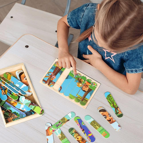 Educational Painted Strip Puzzle Wood Box Set with 8 Scenes from The Animated Children's Show for Ages 3 and Up