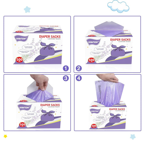 (500 Count) Baby Disposable Diaper Bags Easy-To-Tie Tabs Diaper Sacks with Lavender Scented Diaper Disposal or Pet