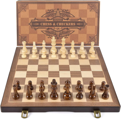 AMEROUS Magnetic Wooden Chess and Checkers Game Set, 15 Inches, 2 Extra Queens, Gift Package