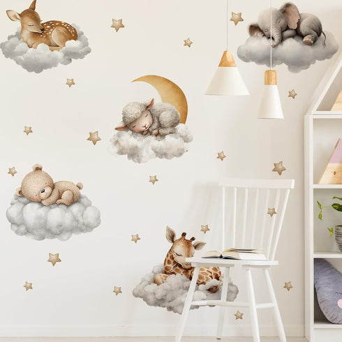 Sleeping Animals Wall Decals,Dreamy Clouds & Star Theme Art Wall Sticker Decors,Peel