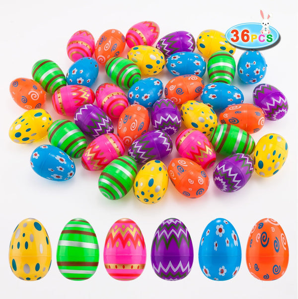 JIALWEN Plastic Easter Eggs 36PCS Printed Fillable Eggs Bright Colorful for Easter