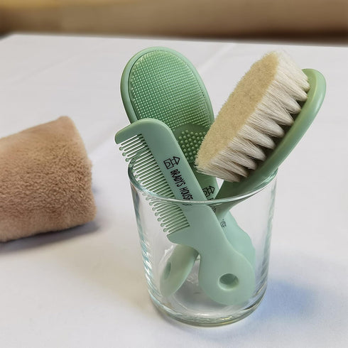 3 Piece Baby Hair Brush & Comb Set for Newborns - Soft Goat Bristle Brush, Silicone Bath Brush & Plastic Comb