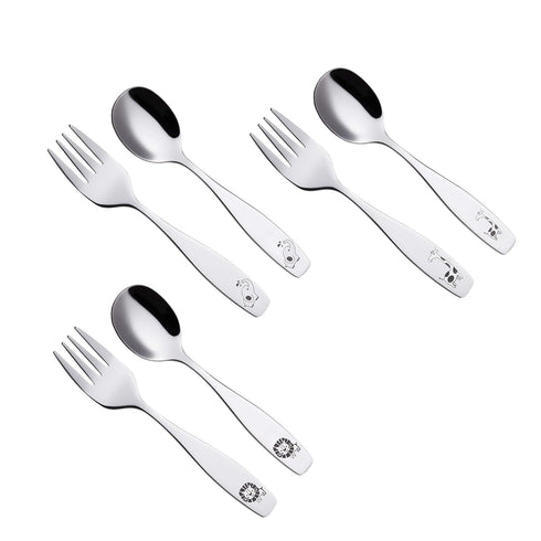 ANNOVA Kids Silverware Set, 6 Pieces Stainless Steel Flatware for Children, 3 Forks & 3 Spoons, Safari Animals Etched
