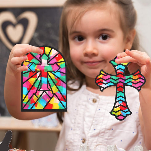 Yeaqee 24 Pack Cross DIY Suncatcher Paper Crafts Easter Crafts for Kids Religious Paper Suncatchers for Sunday School