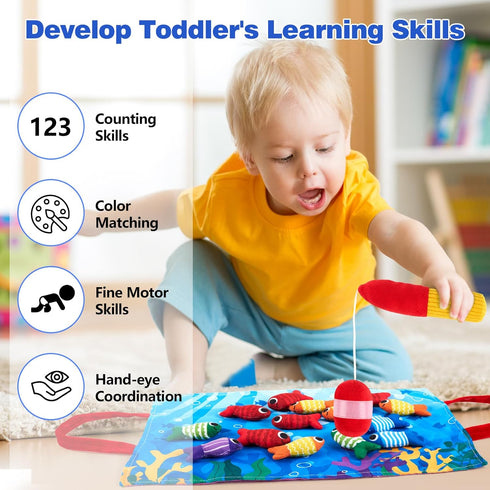 WVYXT 1-3 23 Set Toddler Montessori Toys for Year Old Boy Girl, Pcs Cloth Fishing Game with Double-Sided Mat, Learning