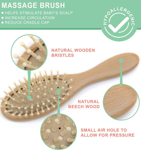 Baby Hair Brush and Comb Set, 4 Piece Wooden Soft Bristle Set for Newborn Girl, Boy, Toddler