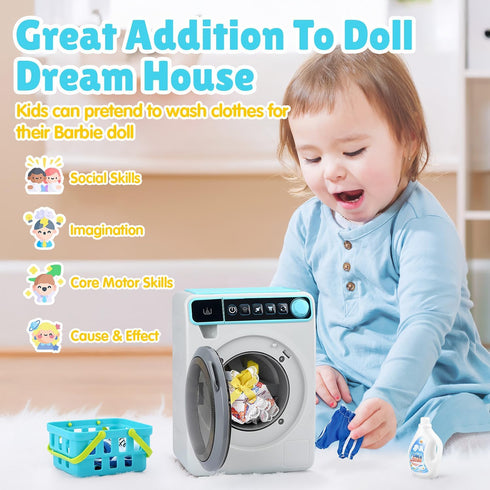 Playset Set Kids Toy Washing Machine, Realistic Pretend Play Appliance for Girls, Interactive Toy Dollhouse Furniture