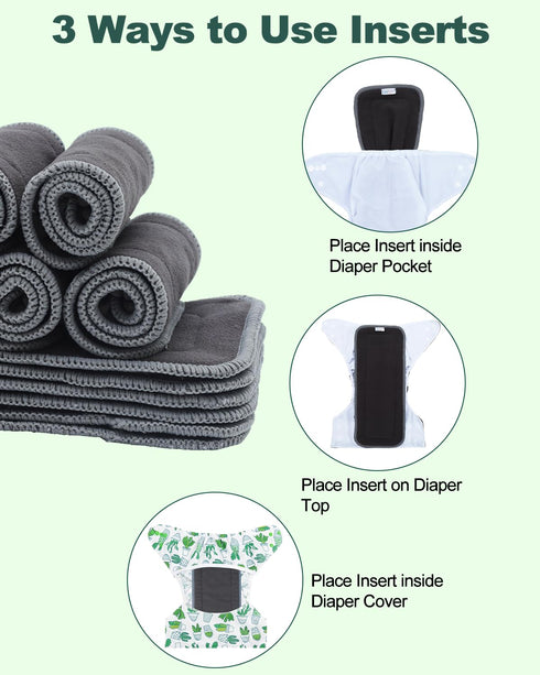 5-Layer Nappies,Pack 12 Inserts,12ZTN Babygoal Baby Charcoal Rayon from Bamboo Reusable Liners for Cloth Diapers