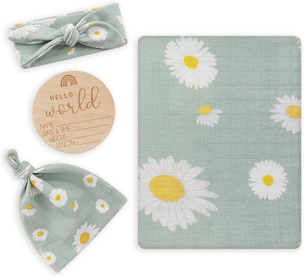 BabyWhale Muslin Swaddle Blanket with Hat and Headband Bow, Daisy Pattern Swaddle