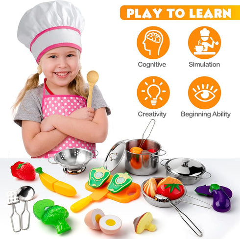 26PCS Set, Tigerhu Play Kitchen Accessories, Kitchen Pretend Play Cooking Toys w/ Stainless Steel Cookware, Apron